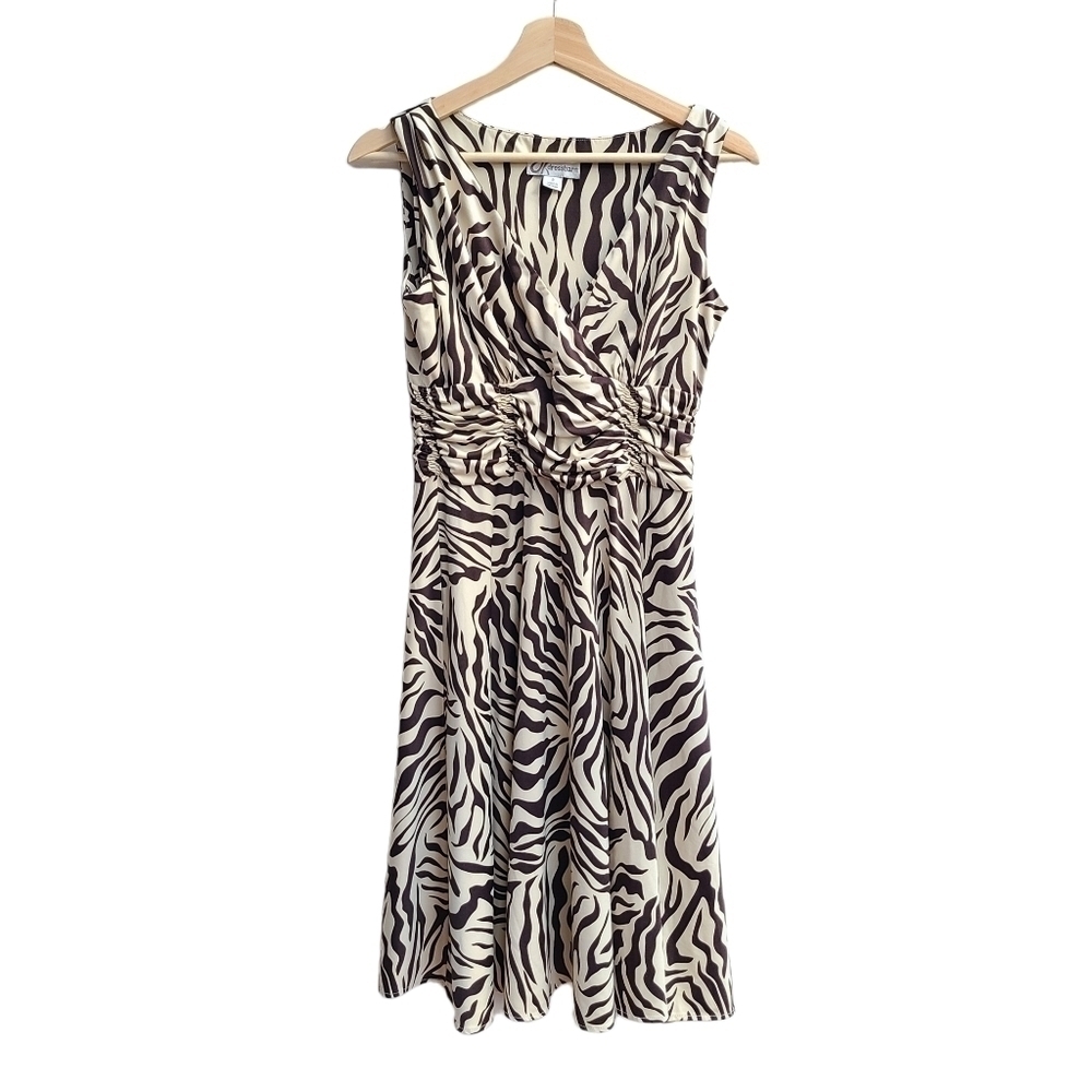 Zebra Print V-Neck Dress Cream Brown Animal Print Graphic Midi Size Medium